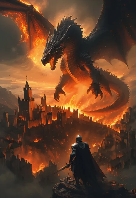 In this mesmerizing illustration of a dark fantasy scene, a massive dragon spreads its wings wide, unleashing fiery destruction upon a medieval kingdom. Flames consume the castle walls and towers, casting an eerie glow over the village below. Amidst the chaos, a valiant knight stands boldly at the forefront, clad in powerful, glowing armor and wielding an enchanted sword that radiates with energy. His cape flutters dramatically, and his unwavering stance conveys the determination to protect his realm. The background showcases burning structures, villagers fleeing in terror, and dark, smoke-filled skies. The low-angle, wide-angle shot captures the epic scale of the battle and the knight's powerful aura, making it a truly cinematic experience., Bosstyle<lora:CyberRealistic_Negative-neg:1> <lora:detailed_notrigger:1> <lora:XL_boss_battle:1>