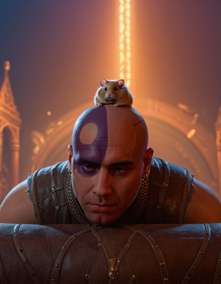 cinematic still 1man, solo, bald, hampster sitting on head . emotional, harmonious, vignette, 4k epic detailed, shot on kodak, 35mm photo, sharp focus, high budget, cinemascope, moody, epic, gorgeous, film grain, grainy, 1man, solo, bald, hampster sitting on head, dramatic, fair cinematic color, sharp, extremely detailed, colorful, artistic, imposing, epic, stunning, highly detail, creative, rich light, great composition, intricate, elegant, perfect colors, awesome, complex, futuristic, atmosphere, beautiful, enhanced, crisp, very inspirational, vibrant, loving, peaceful