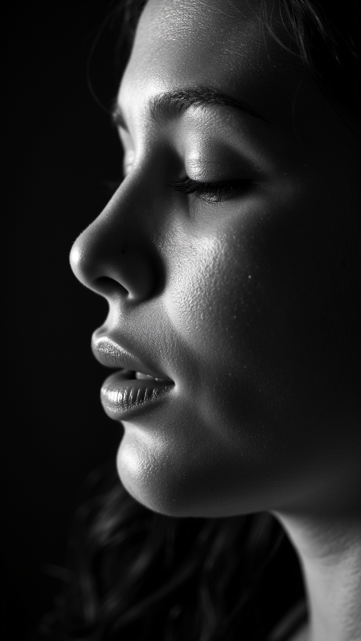 photograph, a close-up shot of a woman's face, her eyes closed as she takes in the luxury beauty of esthetic nude photograph. Avant-Garde lighting, Ilford HP5, atmospheric Lisa Gets an "A", aidmarealisticskin