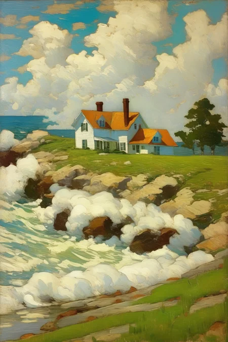 <lora:William Langson Lathrop Style:1>William Langson Lathrop Style - coastal farmhouse with waves, cumulus clouds, in the style of William Langson Lathrop