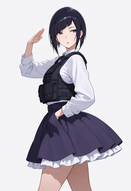 Smooth Quality,masterpiece,very intricate, high quality details, ultra realistic, high detailed skin,detailed enviorement,absurdres,
 <lora:Mannen_Ranko_CNR:0.8> mannen_cnr, 1girl,black hair, short hair, diagonal bangs, purple eyes,, simple background, white background, from side,solo,
walking pose, one hand in pocket, head slightly turned, casual stride,,, :o,, tactical vest,  ,peacoat,  ,balloon skirt,  ,