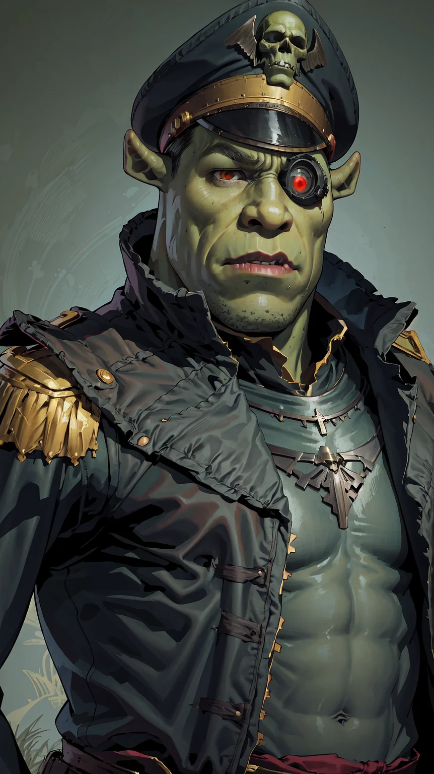 High Quality, Masterpiece, 1boy, solo, edgCommissar, epaulettes, wearing edgCommissar, ((artificial eye)), skull emblem, millitary uniform, hat, <lora:Outfit_Warhammer40KCommissar:1>, shrex, green skin, ogre, shrek, <lora:Char_Sigmas_Shrek:0.9>, upper body, muscular male,