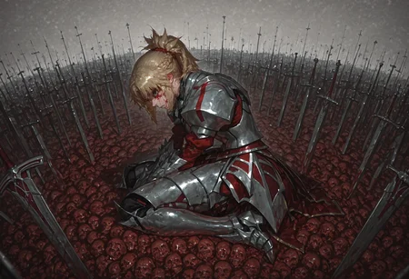 artist:moriimee, panorama, graphite \(medium\), masterpiece, best quality, good quality, newest, highres, absurdres, 8K, realistic, bright colors, from side, fisheye, battlefield, fisheye, sword graveyard, army, pile of corpses,
1girl, kneeling, head down, armored dress, mordred \(fate/apocrypha\), green eyes, blood over eye, surrounded, empty eyes, blank stare,
<lora:MoriiMee_Gothic_Niji_Style_Illustrious_r1:0.8> <lora:add-detail-xl:1>