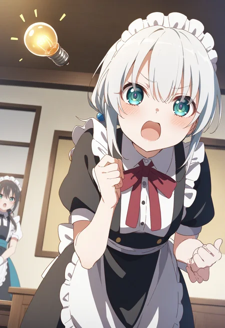 1girl,sincos, ningen mame, toosaka asagi,solo,medium breasts,20yo,maid,maid headdress,
Idea Light Bulb,<lora:Idealightbulb_XL_v1:0.8>
white hair, green eyes,envy, tea ceremony room, open mouth, low ponytail hair,,
best quality, very aesthetic, absurdres