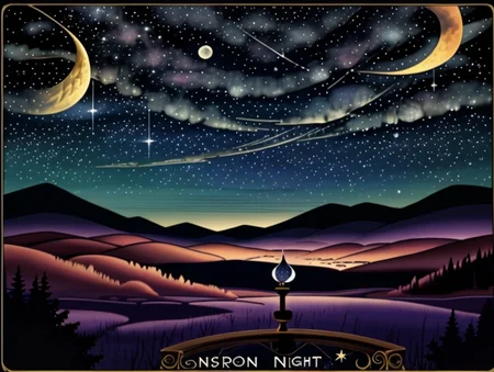 <lora:EdobBoondocksArtStyle_v2.0:0.65> , edobboondocksartstyle, cartoon, <lora:tbh212-:0.4> tbh212, <lora:Dark_Tarot:0.6> tarot_card, solo, moon, landscape, scenery, night sky, outdoors, star \(sky\), <lora:LCM_SD15:1.0>