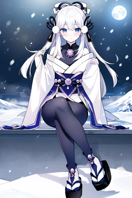 <lora:YukiOnnaYGO-20:0.8>,
YukiOnnaYGO, AbsoluteZeroMayakashi , 1girl, sandals , solo, looking at viewer, snow storm , blush, sitting, night, snow, winter, dark, pale skin, full moon,