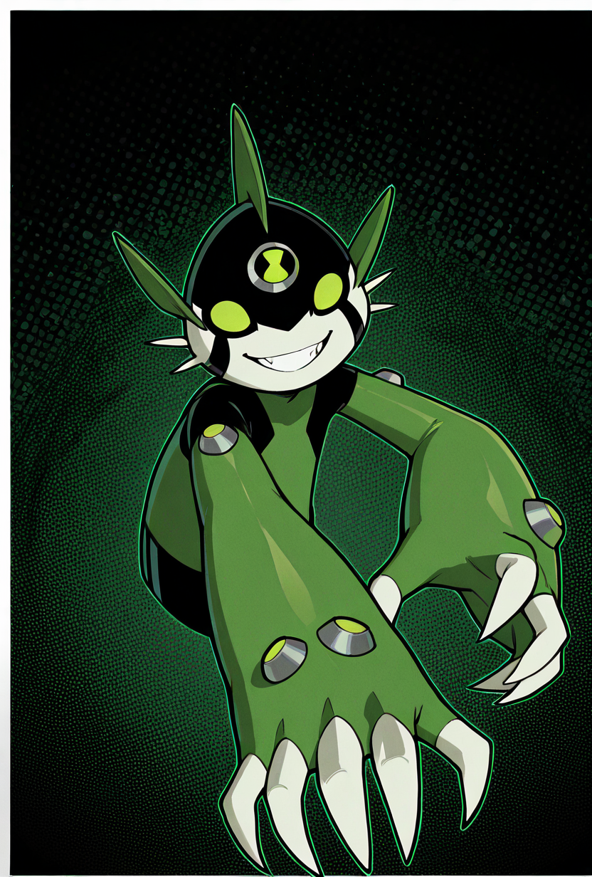 <lora:dito-08:1> dito, solo, no humans, green eyes, white claws, 1boy,green clothes, big hands, green head fins, green arms, black head, dynamic pose, smiling , teeth, masterpiece, best quality, amazing quality, very aesthetic, absurdres, newest,, upper body, halftone effect, white borders, abstract background:1.2,