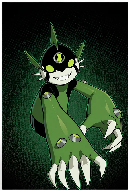 <lora:dito-08:1> dito, solo, no humans, green eyes, white claws, 1boy,green clothes, big hands, green head fins, green arms, black head, dynamic pose, smiling , teeth, masterpiece, best quality, amazing quality, very aesthetic, absurdres, newest,, upper body, halftone effect, white borders, abstract background:1.2,