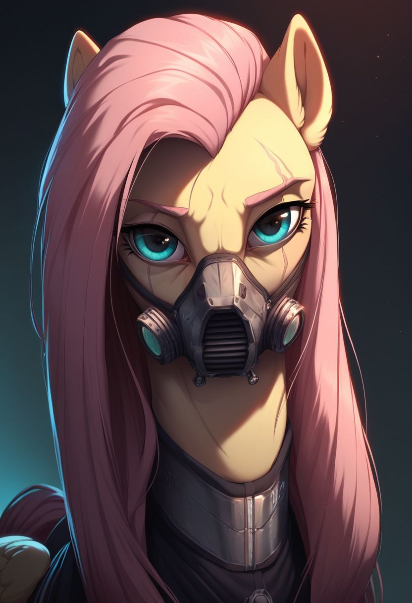 score_9, score_8_up, score_7_up, score_5_up, p33rs, Fluttershy, pony, black eyes, metal rebreather mask, dramatic lighting, laboratory background, red light, blue backlight, eye scar,