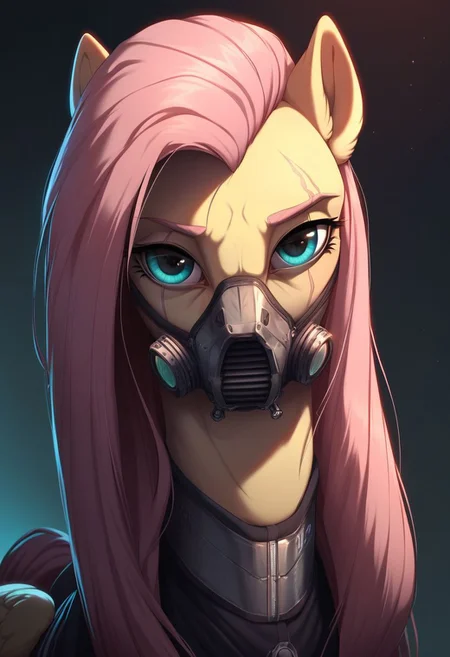 score_9, score_8_up, score_7_up, score_5_up, p33rs, Fluttershy, pony, black eyes, metal rebreather mask, dramatic lighting, laboratory background, red light, blue backlight, eye scar,