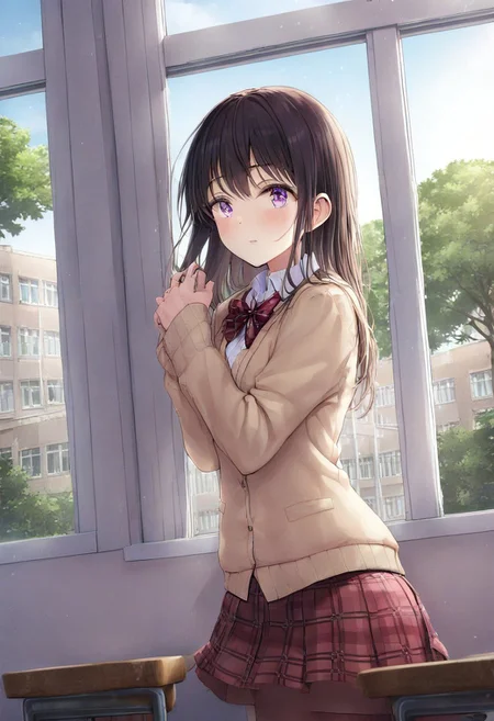 score_9, score_8_up, score_7_up,
masterpiece, best quality, detailed, amazing quality,
detailed face, beautiful color, detailed eyes,
detailed background, classroom,
solo, 1girl, akemi_homura,mitakihara_school_uniform,
kyoushitsu, classroom, indoors, school chair, school desk, chalkboard, window, ceiling light, curtains, tree