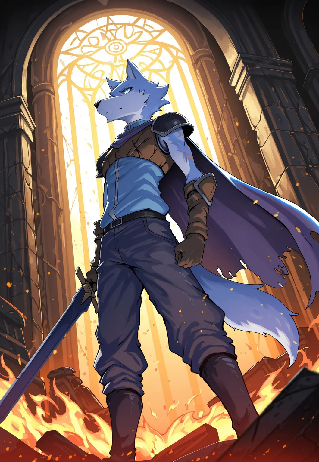masterpiece, best quality, amazing quality, highly detailed, ultra highres, cinematic lighting, dramatic lighting, epic composition, intense atmosphere, fantasy style, dark fantasy, ultra detailed background, depth of field, source furry, nurinaki_comic, furry male, furry, violet blue fur, 1boy, solo, wolf boy, blue eyes, slim, tail, shoulder armor, pants, cape, holding sword, indoors, ancient ruins, serious pose, dark, boss battle, from below, front view, from side, dramatic, stormy, backlight, rim light, god rays, fire embers, battle scars, tattered cape, ominous glow, powerful stance, tension, dynamic pose, heroic, ultra epic scene