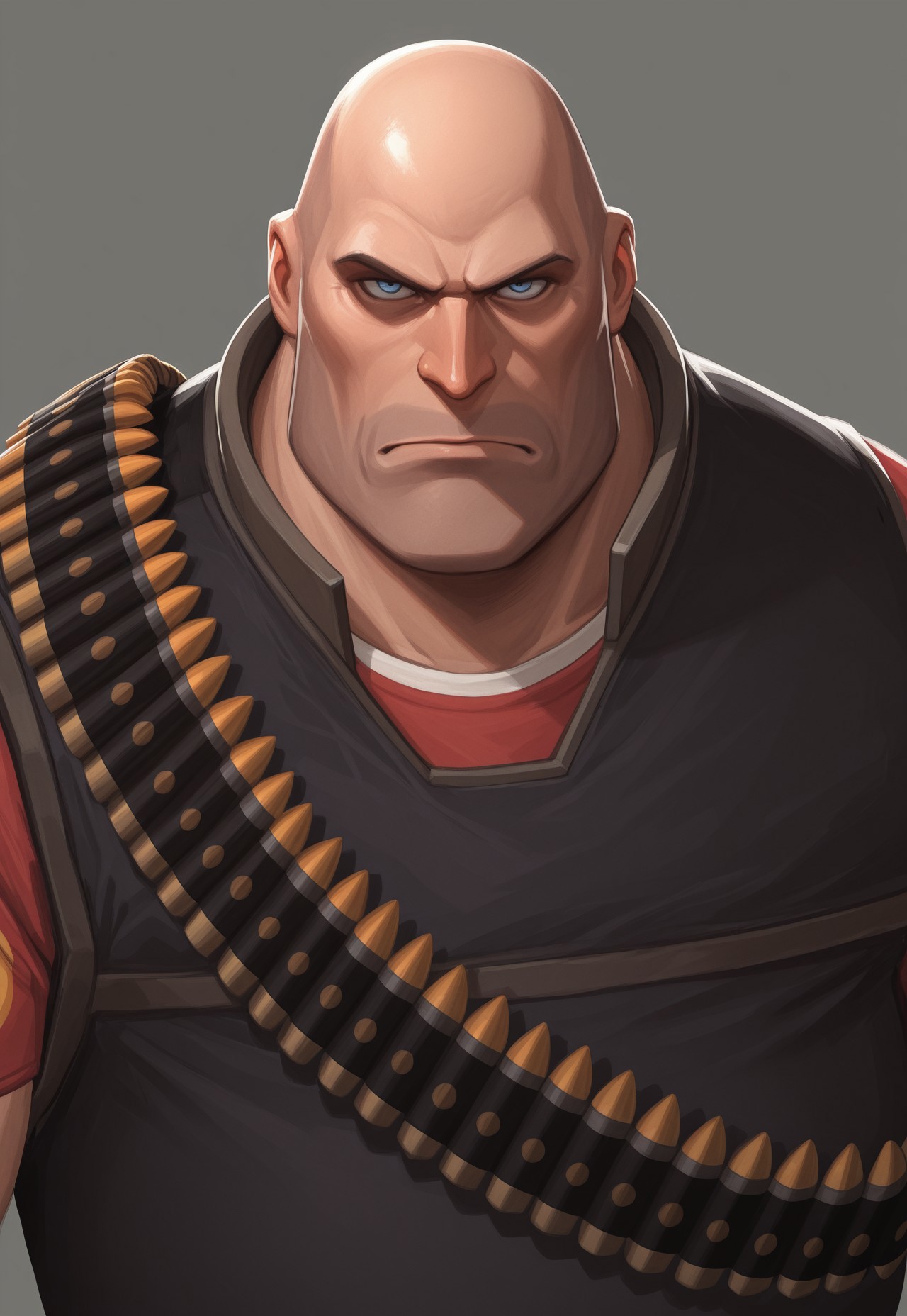anime, masterpiece, best quality, detailed background, 8k, 1boy, solo, heavy (tf2), mature man, bald, facial hair, blue eyes, muscular, fat man, red shirt, black vest, bandolier, serious, gray background, half body, face focus, close-up, turning to viewer, staring at viewer, no pose