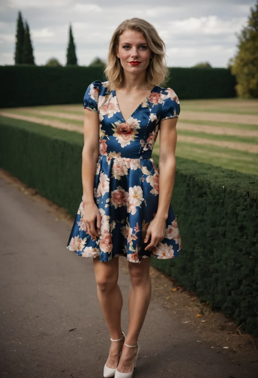 source_realistic photograph, (full body photo), a 24yo femboy, pectoral, toned, ((flat chest)), wearing a floral dress by chi chi london, short sleeves, heels, at wedding party, <lora:slimwoman:0.8> slimwoman