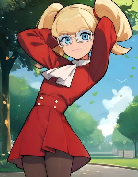 looking at viewer, fku anime, cute, blonde twintails, hands behind head, (solo) 1girl madelyn, glasses, blue_eyes, park, red dress, long sleeves, ascot, pantyhose, smug grin, wide_hips