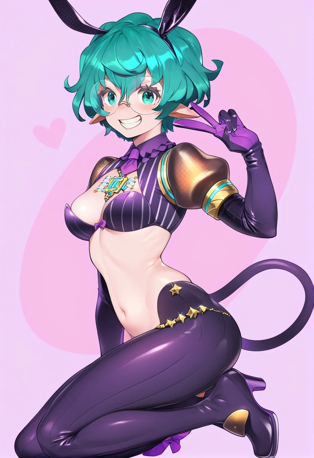 (score_9:0.9),score_8_up,score_7_up,anime style,rating_safe,(zPDXL),<lora:XB2 Pandoria and Zeke ponyXL v2:0.8>, Pandoria, purple elbow gloves, purple thigh boots,1girl, reverse bunnysuit, solo, smile, looking at viewer, grin, rabbit ears, v, teeth
