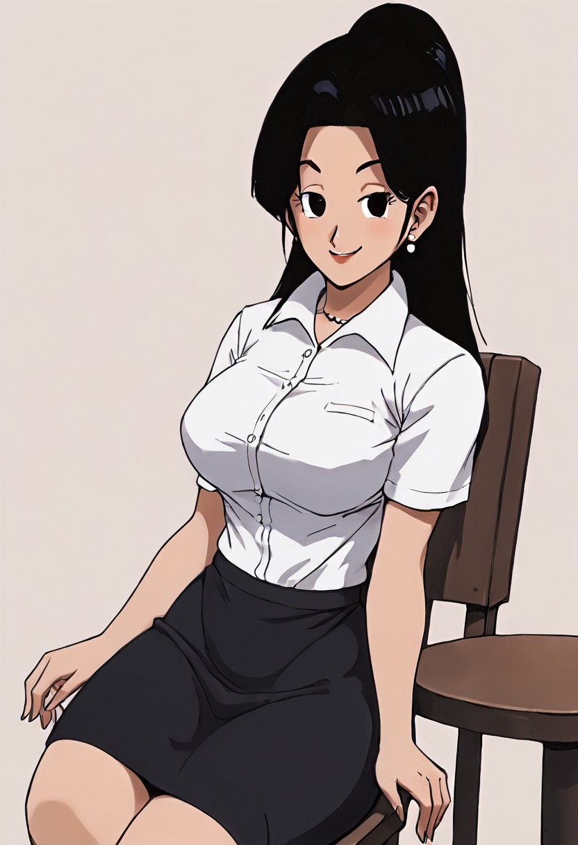 embedding:urn:air:sd1:embedding:civitai:222256@250708, score_9, score_8_up, score_7_up,, source_anime, rating_explicit, 
BREAK 
1woman,solo， Chi Chi, large breasts, suit, black shirt, short sleeves, short skirt, black skirt, brown pantyhose, smug, 
BREAK 
Simple background, chair, sitting on a chair,