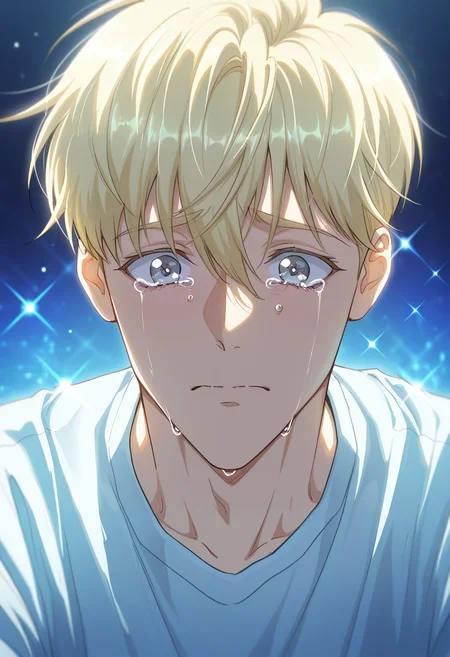 masterpiece, best quality, amazing quality,high resolution, intricate details,anime screencap , , , 1boy, solo, male focus, <lora:Noah_Luire:0.80>, noah luire,blonde hair,grey eyes,short hair,bangs,t-shirt,tearing up,crying,sparkle,parody,close-up