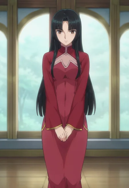 score_9,score_8_up,score_7_up,anime coloring,source_anime,anime,<lora:Wang_Liu_Mei_Gundam_00:0.7>,wang_liu_mei,1girl,solo,long hair,black hair,dress,parted bangs,clevage cutout,v arms,standing,indoors,Opera House,looking at viewer,