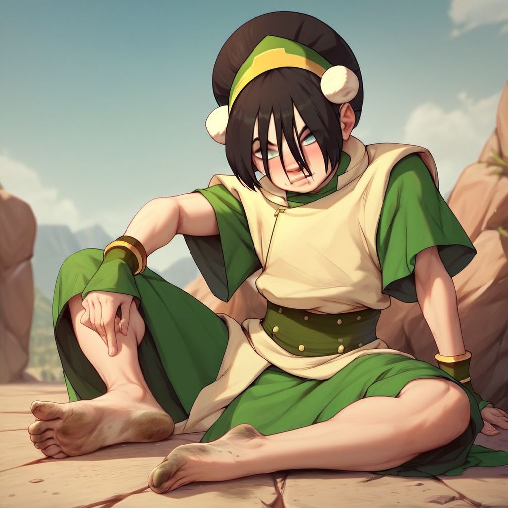 score_9, score_8_up, score_7_up, score_6_up, score_5_up, score_4_up, rating_explicit, 1girl, Toph, blind, sitting on the ground, barefoot, dirty feet, rocky terrain