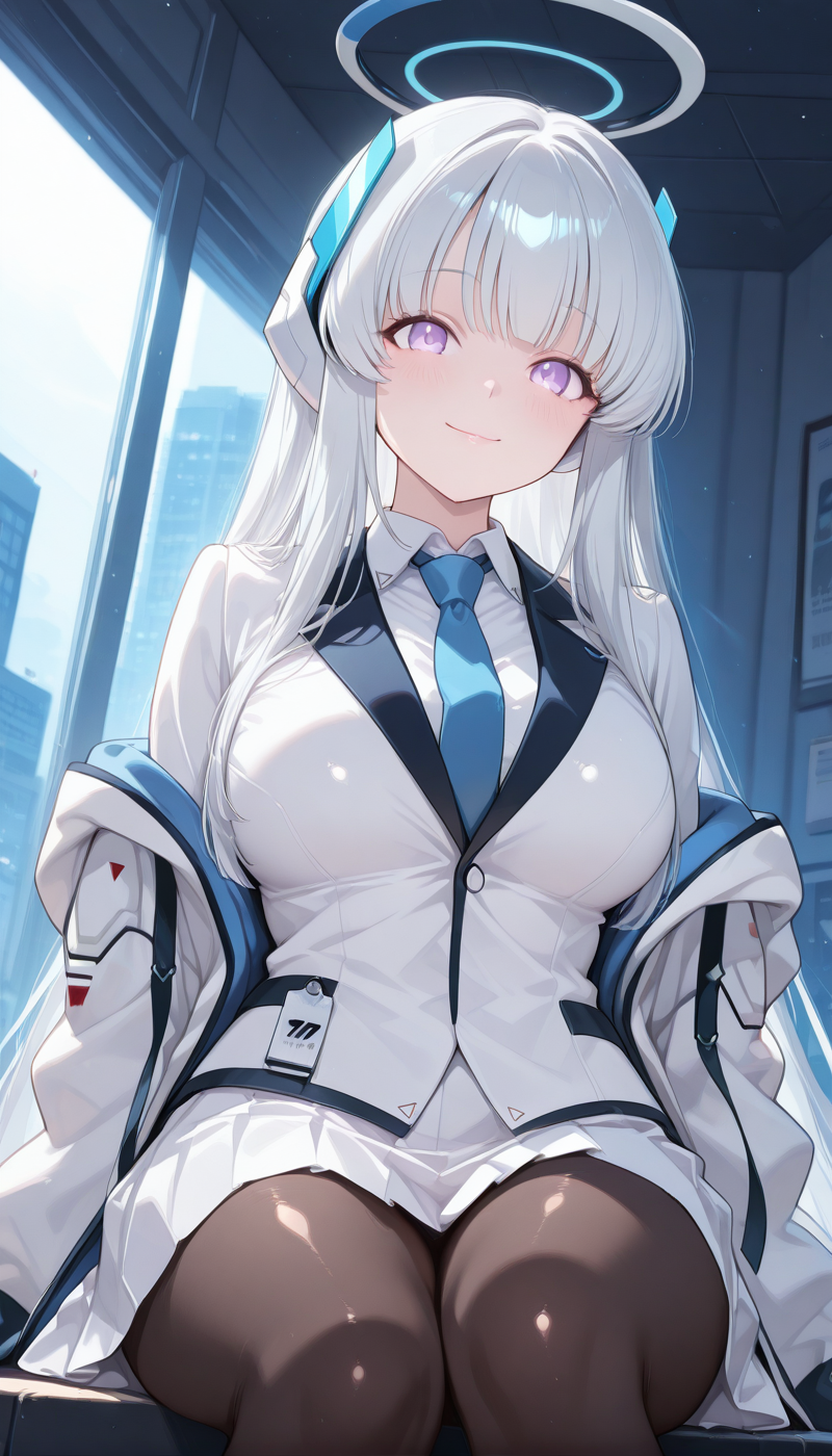 <lora:LCMTurboMix_Euler_A_fix:1> <lora:example_SDXL:0.3>, EZRealPONYXL, <lora:Dramatic Lighting Slider:3> 
DSLR,realistic,cosplay photo, (very awa,masterpiece,best quality,year 2024,newest,absurdres,highres:1), realistic,skin texture,facial features, photography shot with Canon EOS 5D Mark IV , realistic, RAW, best quality, masterpiece, amazing quality, skin details,
1girl, highly detailed beautiful face, large natural breasts,
detailed background, shiny skin, dutch angle, night, moonlight,
beautiful detailed eyes, intricate details, absurdres, anime screencap,
<lora:Ushio_Noa_Blue_Archive_ILXL_kill0825:1>
BAUshioNoa, long hair, breasts, large breasts, very long hair, purple eyes, white hair, grey hair, sidelocks, halo, headgear, mechanical halo, white halo, 
shirt, skirt, long sleeves, jacket, white shirt, pantyhose, pleated skirt, open clothes, necktie, collared shirt, miniskirt, off shoulder, open jacket, black pantyhose, white jacket,  white skirt, suit, blue necktie, id card, two-sided fabric, white suit, two-sided jacket, 
looking at viewer, blush, smile, simple background, white background, holding, closed mouth, sitting, open clothes, feet out of frame, pen, holding pen,