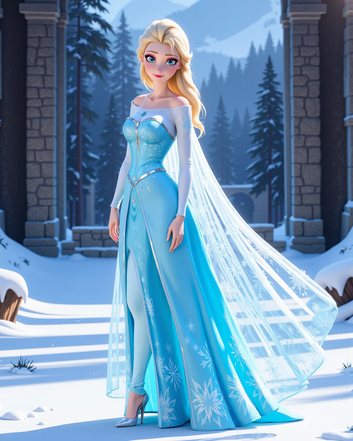 -looking at viewer, outdoors daylight, a 20 year old adult mature woman.
3d CGI Style, side view photo of.
<lora:Frozen_-_Elsa_v2_000030:1> f-elsa, blue eyes, blonde hairice blue off-shoulder gown with sparkling snowflake patterns, sheer icy cape flowing from back, glittering high heels
Upper Body view passport style