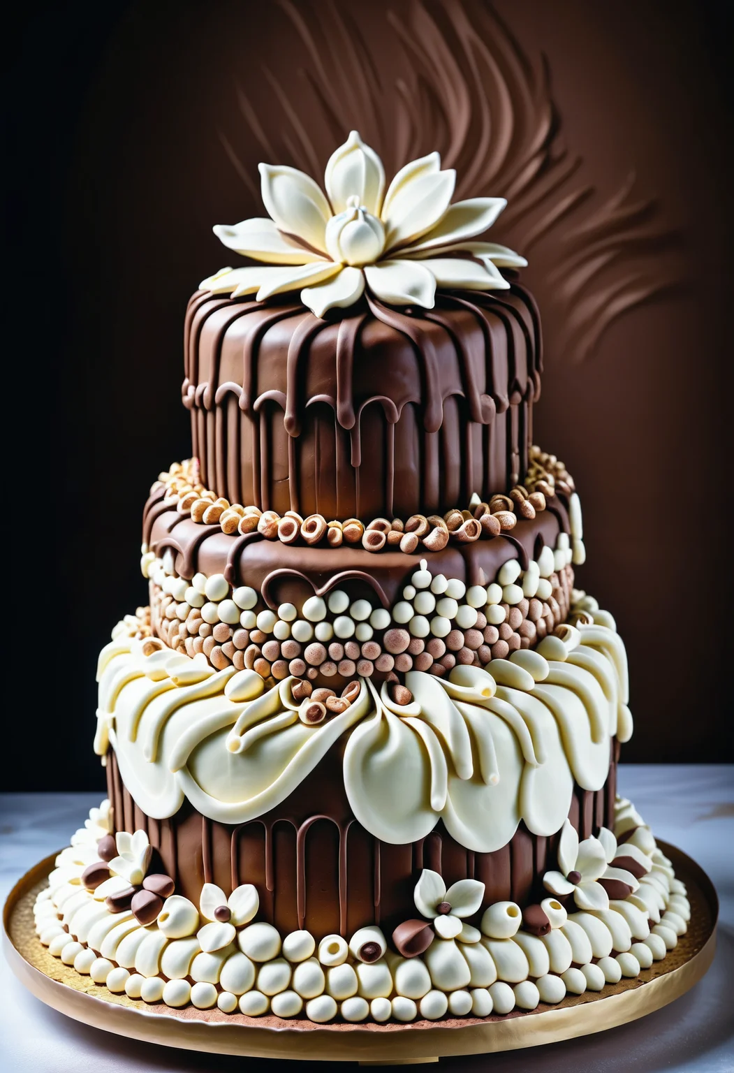 A giant cake made out of  ,Jed-ChocoC, chocolate, cereals, <lora:last:0.7>  decorated with Jed-whtccae,   <lora:WhiteChocoStyle-000005:0.6>  in art nouveau style the cake is bordered by Jed-mrshmlw,  <lora:MarshmallowStyle-000007:0.5>, the topping of the cake is cream and in inside of the cream there is a flower made out of Gingerbread, icing,  <lora:GingerbreadStyle_epoch_10:0.6>, standing on a table , masterpiece, sharp and in focus, photorealistic