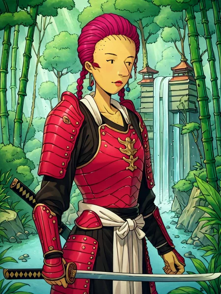 zpdxl3, japanese temple, bamboo forest, waterfall, stream, 1girl, samurai armor, pauldrons, chest armor, kabuto \(helmet\), holding steel katana, <lora:msKlotzTV_PDXL:0.7> msklotztv, <lora:Pony_Weapon_Katana_-_By_HailoKnight:1>