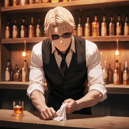 masterpiece, best quality, amazing quality, absurdres, newest, detailed background, definition so sharp, Ultra-HD, 8K cinematic, very awa, impressionate, amazing quality, highres, 
solo, male focus, manly, 
1boy, short hair, izumo_blonde, izumo_brown eyes, izumokusanagi, sunglasses \(pushed up\), bartender uniform, white shirt, black vest, rolled sleeves, wiping glass, warm lighting, cozy bar, wooden counter, bokeh, subtle glow, relaxed, inviting, professional, looking at viewer, gentle smile,