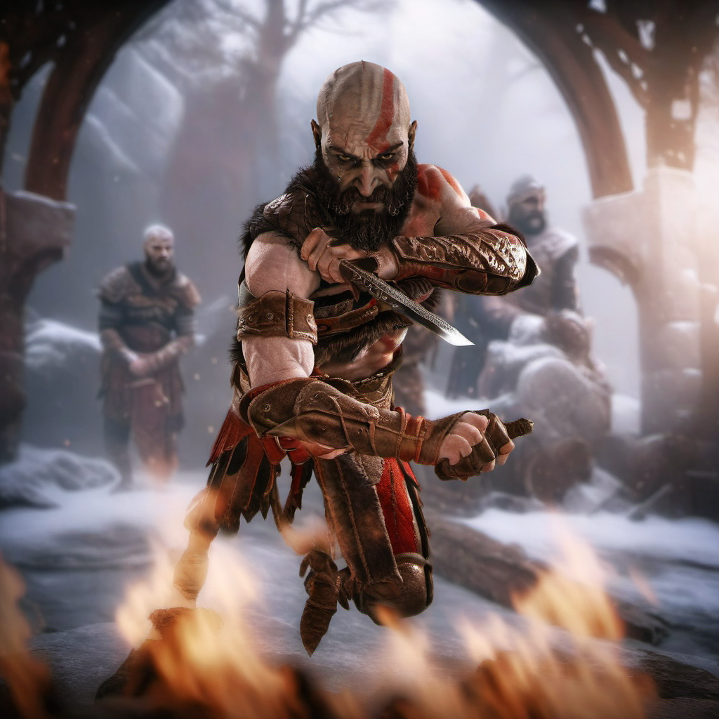 Kratos1024, a bald bearded man, warrior, holds a knife, medival background, blurred background, fog, snow  <lora:Kratos1024-000510:0.8>