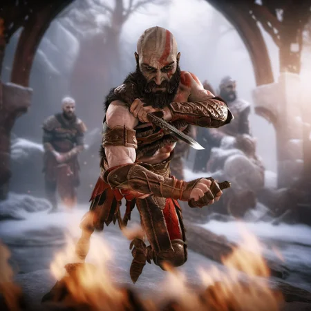 Kratos1024, a bald bearded man, warrior, holds a knife, medival background, blurred background, fog, snow <lora:Kratos1024-000510:0.8>