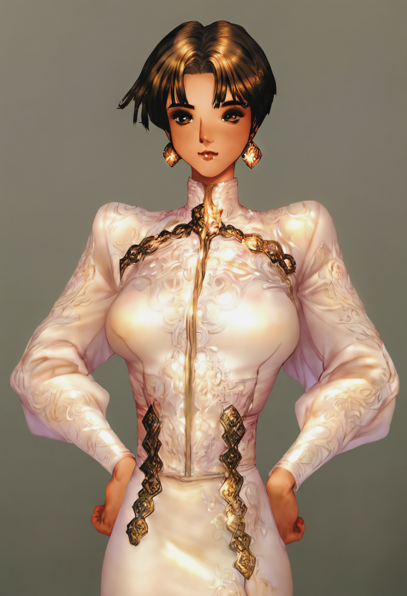 score_9, score_8_up, score_7_up, 1girl, mature_female, portrait, solo, Standing with hands on the hips, one foot forward, atmospheric_perspective, (Persian blue Gambeson), dark brown hair, cropped_arms, rating_safe, <lora:pony\artist_styles\masamune shirow_pony:1.2>