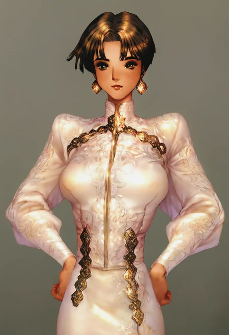score_9, score_8_up, score_7_up, 1girl, mature_female, portrait, solo, Standing with hands on the hips, one foot forward, atmospheric_perspective, (Persian blue Gambeson), dark brown hair, cropped_arms, rating_safe, <lora:pony\artist_styles\masamune shirow_pony:1.2>