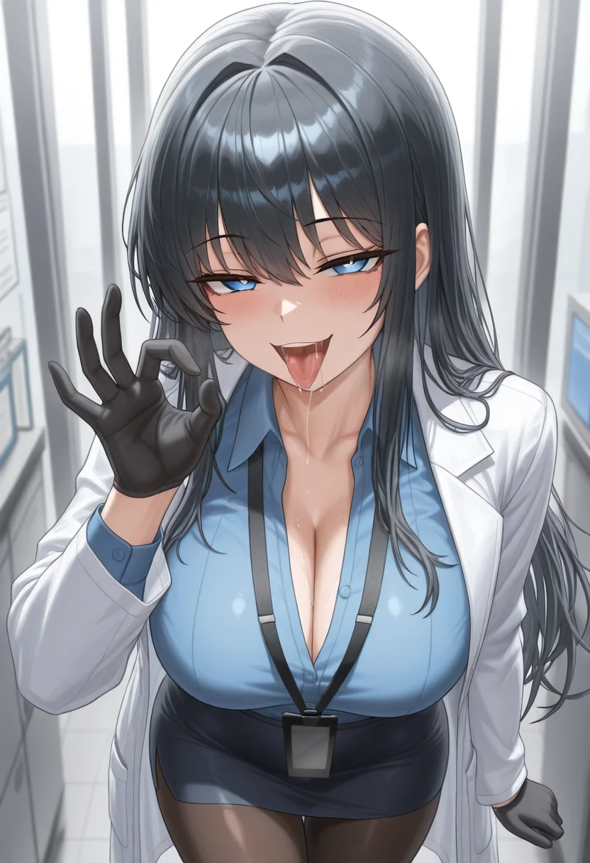 masterpiece, best quality, amazing quality,
<lora:wrenchFemaleProfessorNeuralCloud:1>, fpnc, long hair, blue eyes, black hair, large breasts,
long sleeves, collared shirt, blue shirt, id card, open clothes, black gloves, lab coat, pencil skirt, pantyhose, fellatio gesture, naughty face, smug, saliva trail,
