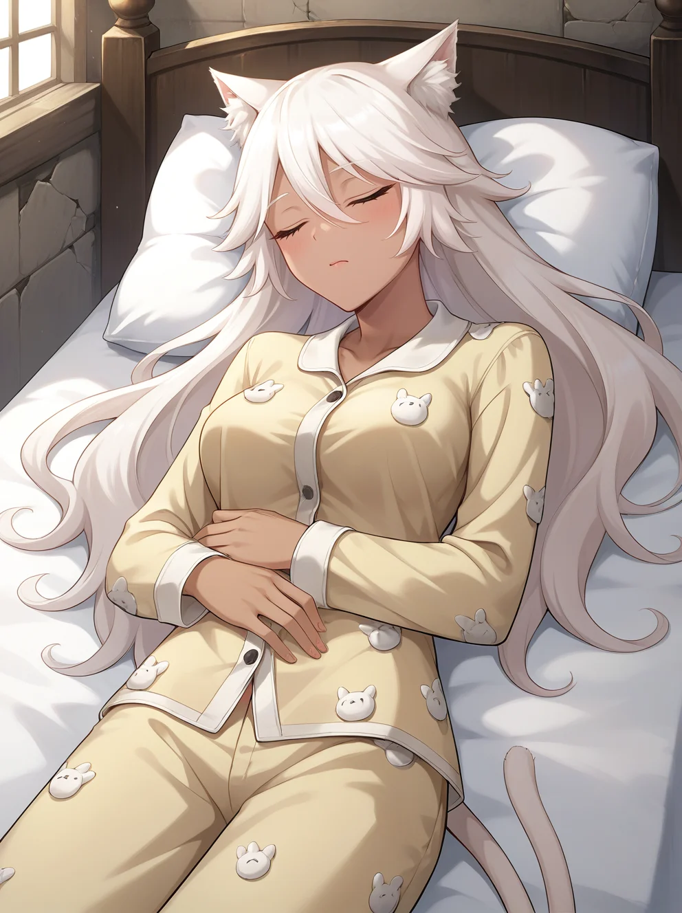 score_9, score_8, score_7_up, source_anime,
granart needakitta, animal ears, white hair, long hair,dark-skinned female, white cat tail, 1girl, solo, animal ears
medium breasts,
bed, ancient, abandoned, sleeping, closed eyes, pajamas,
<lora:StS_PonyXL_Detail_Slider_v1.4_iteration_3:0.2> <lora:Expressive_H:0.1> <lora:housechores-guy-PONYv1:0.4> <lora:granart needakitta 0.1:0.65>