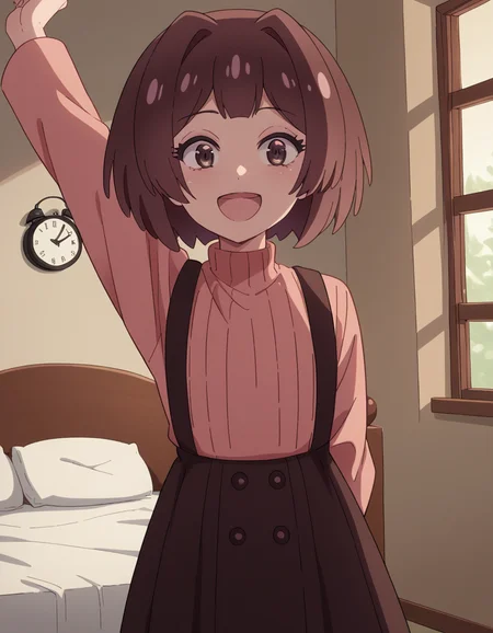 score_9, score_8_up, score_7_up, source_anime, <lora:sakura-sonoue-s1-ponyxl-lora-nochekaiser:1>, sakura sonoue, short hair, bangs, brown hair, brown eyes, hair intakes, bob cut,, skirt, long sleeves, sweater, suspenders, high-waist skirt, brown skirt, suspender skirt, pink sweater, bedroom, alarm clock, morning routine, yawning, stretching, on bed,, smile, , hands behind back, bent over, smile, solo,, cowboy shot, dutch angle