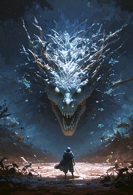 solo, knight, spear,
foreshortening, warped perspective, fisheye,
bosstyle, hollow eyes, looming, colossal beast, monster, fangs
collumns, foliage, 
smoke, 
red sigils, magical sigils, 
pixel, 
terror, horror, eerie,