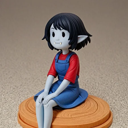 score_9, score_8_up, score_7_up, highres, high quality, absurdres, BREAK <lora:marci:0.7> marci, grey skin, black hair, short hair, dot eyes, fangs, pointy ears, red shirt, blue overalls, skirt, solo, smile, forest, sitting, <lora:Anime_Figure_P1:1> figure,