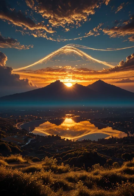 score_9, score_8_up, score_7_up, matrix, matrix codes,
A high-resolution 3D rendered stock photo depicting a creative light art masterpiece. Dramatic landscapes feature vivid light effects, swirling clouds, and hazy horizons. Golden hues and luminous sunsets create an ethereal atmosphere. Painterly textures, artistic lighting, and abstract patterns are prominent.