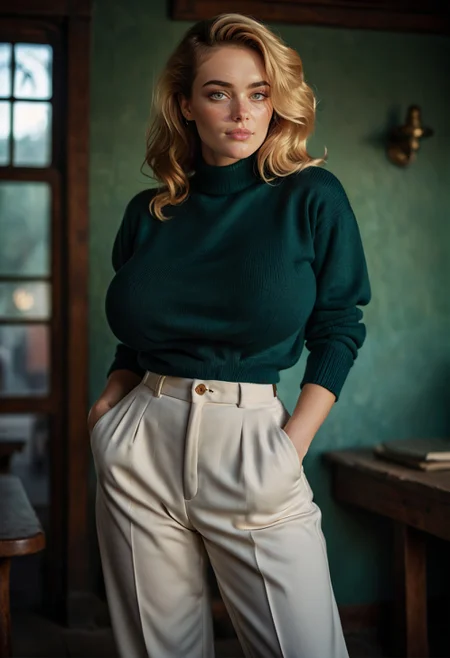 cinematic film still of (Rodriguez's Mexico Trilogy film style), Soviet Nostalgia aesthetics, dark and moody 1950s photo of a beautiful irish woman, freckles, amber eyes, light blonde drill hair, with (gigantic breasts and very small waist and thick thighs), a smug smile, (wearing Dior tailored pants and an oversized and baggy sweater:1.4), pastel colors, stunning background. dark and moody, a mesmerizing blend of light and shadow. masterpiece, absurdres, intricate details <lora:Rodriguez's Mexico Trilogy film style:0.8> <lora:Venus_Body_Alpha:1>, shallow depth of field, vignette, highly detailed, high budget, bokeh, cinemascope, moody, epic, gorgeous, film grain, grainy