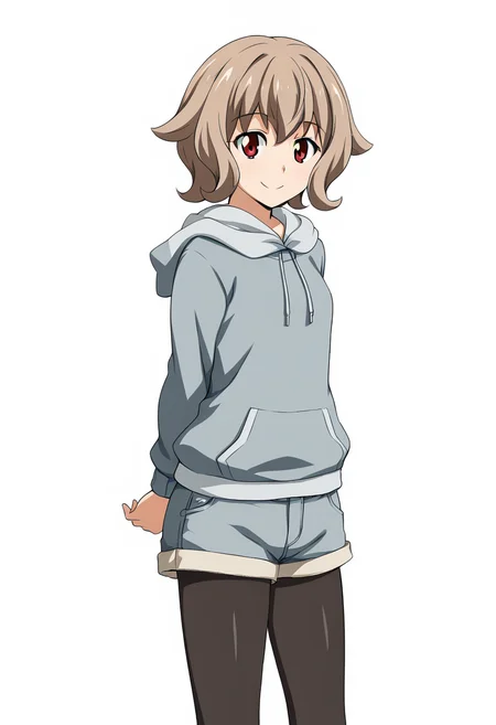 1girl, solo, AtraM1xt, short hair, brown hair, red eyes, hood, hoodie, black pantyhose, shorts, pantyhose under shorts, looking at viewer, smile, arms behind back, standing, white background, <lora:Atra Mixta - Gundam IBO-000008:1>