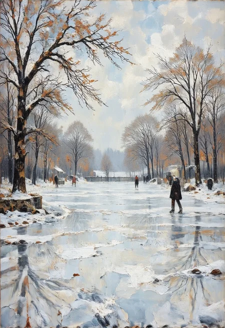 A small, empty ice-skating rink surrounded by bare winter trees, Seasonal Melancholy, in memadukan_painter art style, <lora:Memadukan_Brush_Strokes_of_Fineart:1.0>