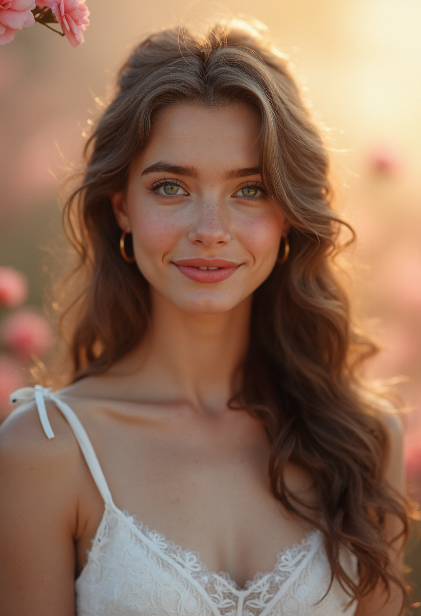 A close-up, high-resolution portrait of a young woman around 25 years old, with soft, delicate features and a warm, kind expression. She has a round face, large doe-like eyes with subtle makeup, and rosy cheeks that add to her innocent charm. Her lips are softly parted in a gentle smile. She wears a simple, elegant white dress with lace detailing, embodying purity and innocence. Her long, wavy hair cascades around her shoulders, styled naturally with a few loose strands framing her face. In the background, a soft, pastel-colored setting with blurred flowers and sunlight creates a serene, peaceful atmosphere. The lighting is soft and natural, adding a warm, welcoming glow to her complexion, enhancing the look of sweetness and sincerity. The overall image radiates kindness, innocence, and timeless beauty