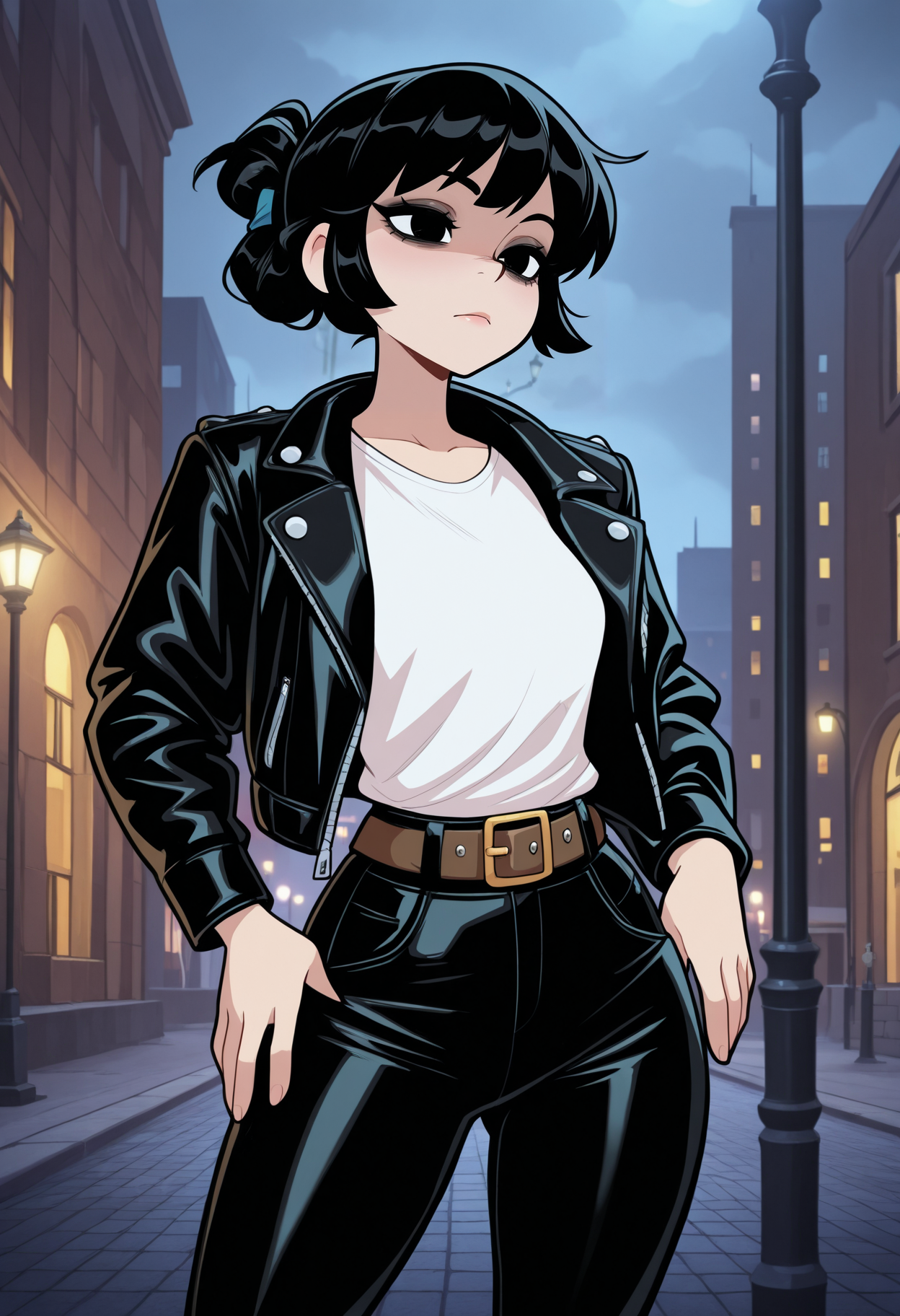 masterpiece, best quality, amazing quality, necrodancerStyle  <lora:necrodancerStyle_illustrious_byJaneB:1>,1girl, solo,
shirt, white shirt, jacket, pants, black hair, open clothes, open jacket, belt, black jacket, lamppost, leather, black eyes
