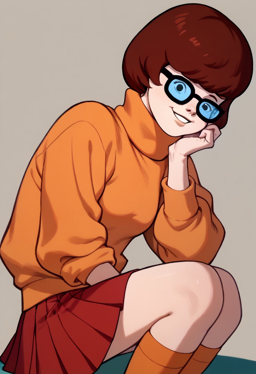 score_9, score_8_up, score_7_up BREAK VelmaCl, 1girl, brown bob cut, black eyes, glasses, orange turtleneck sweater, short red pleated skirt, orange knee-high socks, red mary jane shoes, smiling at viewer,
