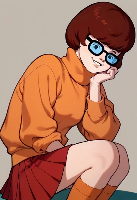 score_9, score_8_up, score_7_up BREAK VelmaCl, 1girl, brown bob cut, black eyes, glasses, orange turtleneck sweater, short red pleated skirt, orange knee-high socks, red mary jane shoes, smiling at viewer,