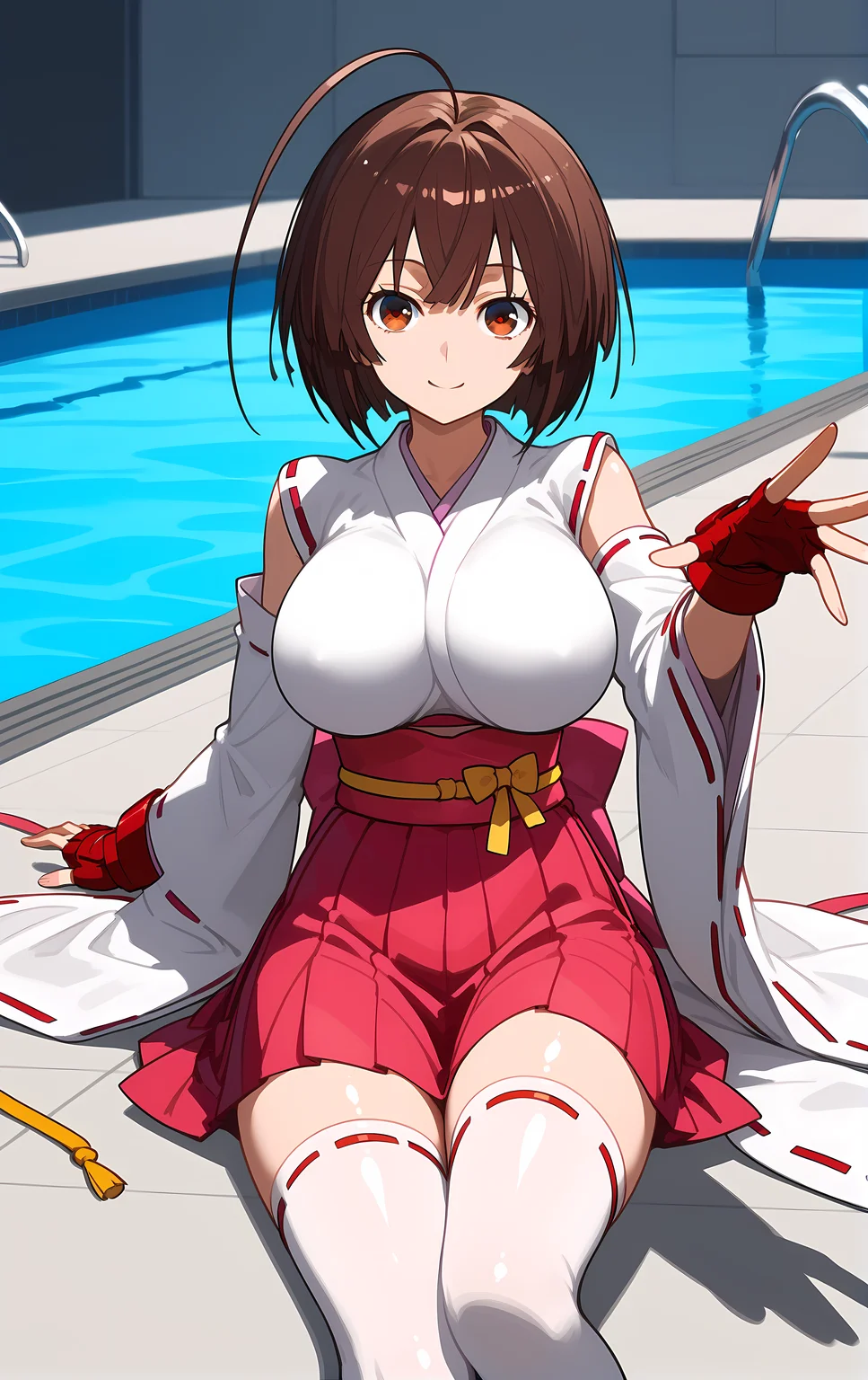(score_9, score_8_up, score_7_up), looking at viewer, smile, closed mouth, shiny skin,
ohwx, 1girl, solo, brown_hair, brown_eyes, long_hair, ahoge, breasts, short_hair, large_breasts, ahoge, huge_ahoge,
fingerless_gloves, bare_shoulders, bow, gloves, hakama, hakama_short_skirt, hakama_skirt, impossible_clothes, impossible_shirt, jacket, japanese_clothes, kimono, long_sleeves, miko, red_gloves, red_ribbon, ribbon, ribbon_trim, sash, shirt, skirt, thighhighs, white_thighhighs, wide_sleeves, zettai_ryouiki,
swimming pool, Lying on the stomach, arms outstretched,
<lora:musubi_pony_ss-000001:1>