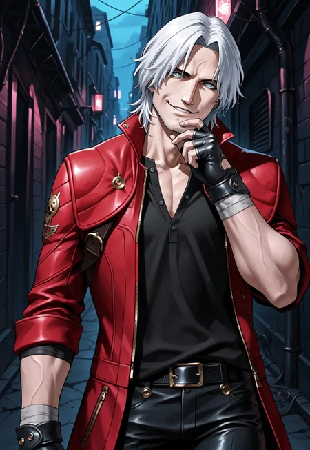 kanekostyle, lipstick, eye shadow, eyelashes, masterpiece, best quality, hyper-Detailed, 1man, solo, male focus, alone, detailed, Dante ((toned body, fair skin, white hair parted in the middle, blue detailed eyes, white beard stubble)), ((wearing red coat over, black shirt, black pants, black belt, black fingerless gloves)), looking at the viewer, smiling, hand on chin, standing, dark alley, night