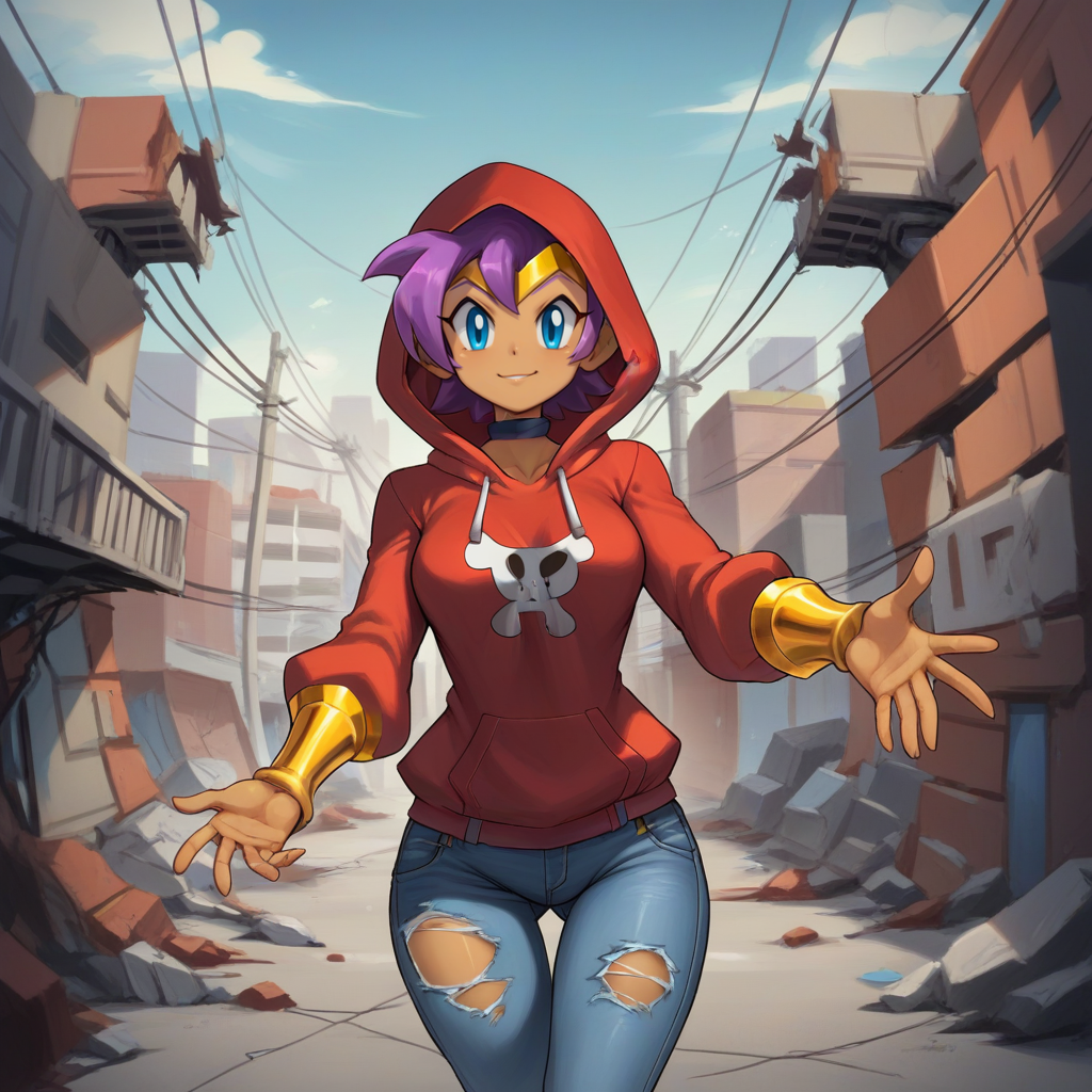 zPDXL2,score_9, score_8_up, score_7_up, score_6_up, score_5_up, score_4_up, <lora:Slums:0.7> s1ums, outdoors, buildings, debris, urban, power lines, 1girl, solo, looking at viewer, cowboy shot, Shantae, ripped jeans, hoodie,