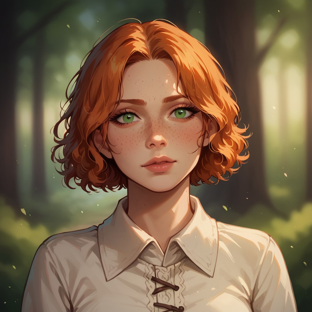 (((detailed, beautiful, high quality))), score_9, score_8_up, score_7_up, upper body,
(depth of field, dynamic lighting),
human,
1 girl, european appearance, green eyes, short hair, disheveled hair, freckles, ginger hair, white office shirt, medieval shirt,
looking at the viewer, posing, 
blurred background, fantasy background, dark background, forest,